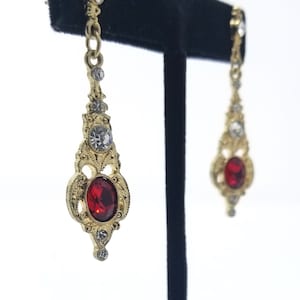 Vintage Ruby Gold Rhinestone Dangle Earrings