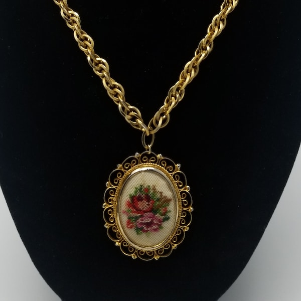 Vintage Needlepoint Floral Pendant Necklace