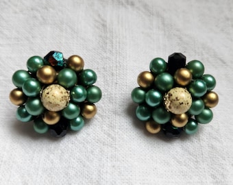 West Germany Teal and Gold Clip Earrings