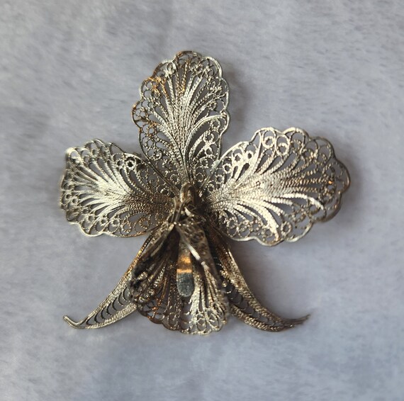 Antique Silver Filigree Orchid Brooch - image 4