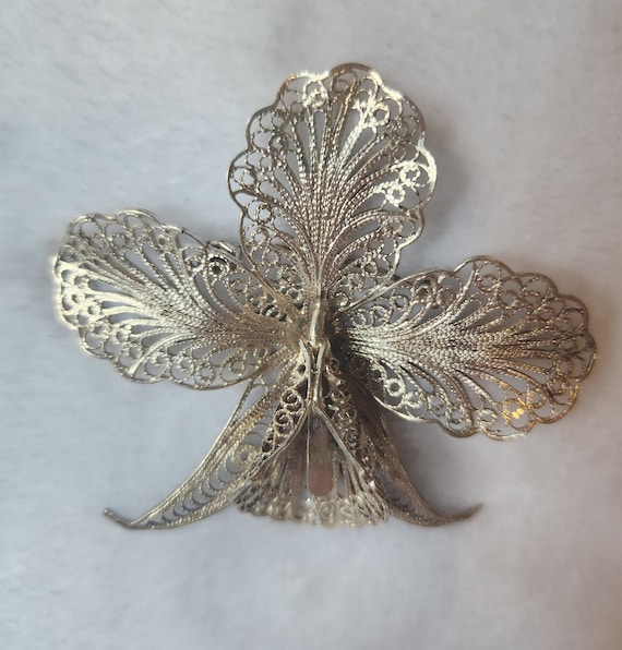 Antique Silver Filigree Orchid Brooch - image 3