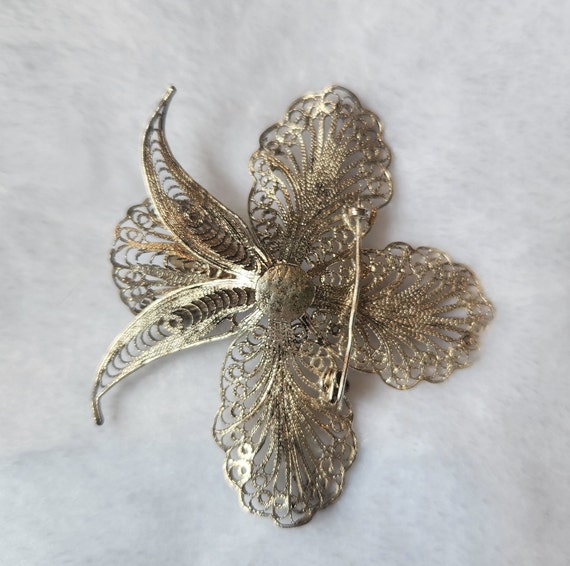 Antique Silver Filigree Orchid Brooch - image 6