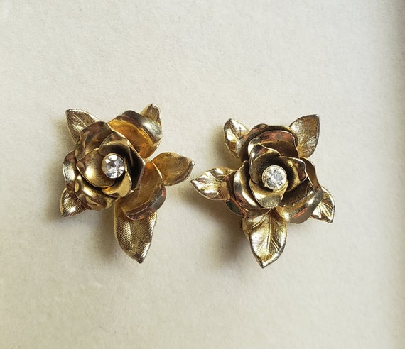 Vintage Coro Gold Rose Earrings - image 3