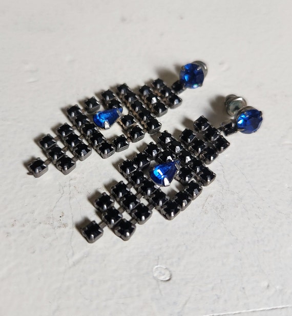 Electric Blue and Black Rhinestone Dangle Earrings