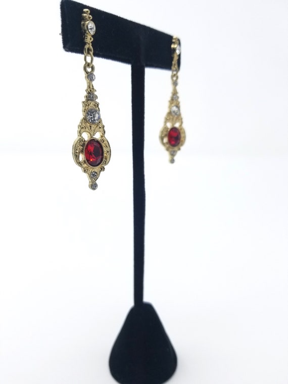 Vintage Ruby Gold Rhinestone Dangle Earrings - image 1