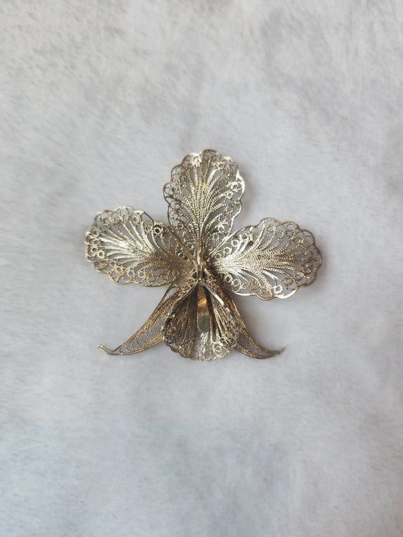 Antique Silver Filigree Orchid Brooch - image 1