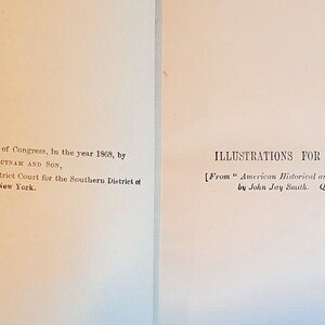 May include: A black and white image of text from a book. The text reads "Entered according to Act of Congress, In the year 1968, by G. P. PUTNAM AND SON, the Clerk's Office of the District Court for the Southern District of New York." and "ILLUSTRATIONS FOR COLUMBUS, VOL. I. [From "American Historical and Literary Curiosities," edited by John Jay Smith. Quarto. Phila. 1860.]"