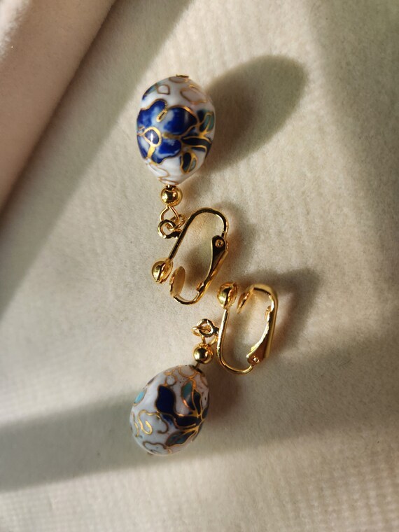 Porcelain Cloisonne Blue and Gold Earrings - image 3