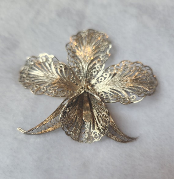 Antique Silver Filigree Orchid Brooch - image 2