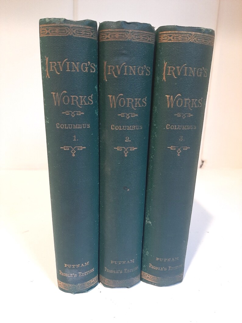 May include: Three green hardcover books with gold lettering. The books are titled "Irving's Works" and each book has a number on the spine: 1, 2, and 3. The books are part of a series called "People's Edition" by Putnam.
