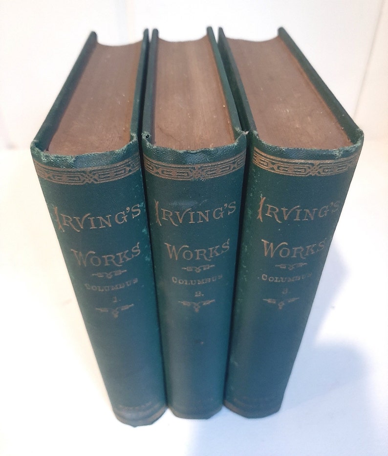 May include: A set of three green hardcover books with gold lettering. The books are titled "Irving's Works" and are numbered 1, 2, and 3. The books are part of a collection of works by Washington Irving.