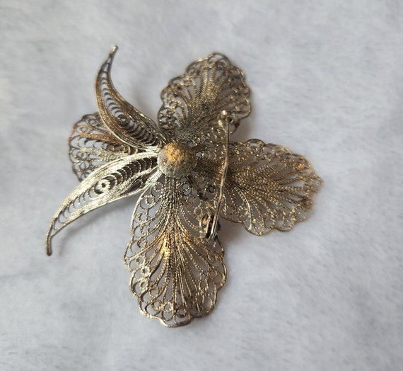 Antique Silver Filigree Orchid Brooch - image 5