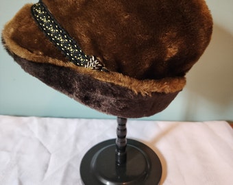 Vintage faux fur brown hat with feather large fedora United hatters cap union United Hatters Cap & Millinery,union Made,large,gray Faux  main image 4