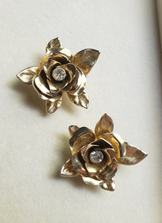 Vintage Coro Gold Rose Earrings - image 1