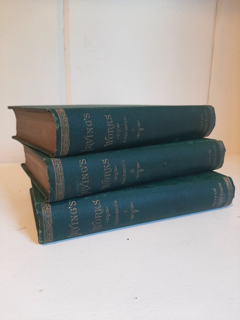 May include: Three green hardcover books stacked on top of each other. The books are titled "Irving's Works" and have gold lettering and decorative borders. The books are numbered 1, 2, and 3.