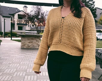 Modello per maglione all'uncinetto con scollo a V, maglione largo (modello PDF)