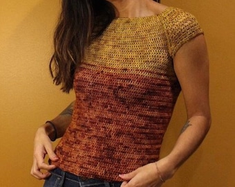 Naadloos gehaakt Raglan Top patroon, T-shirt met korte mouwen, kleurenblok, gehaakte fade, lichtgewicht trui, aanpasbaar, PDF
