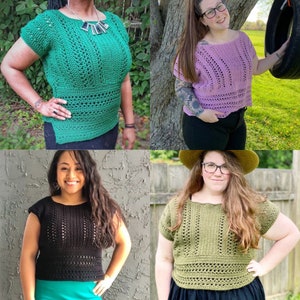 May include: Four women wearing different crochet tops in various colors, including green, pink, black, and olive green. The tops are all short-sleeved and have a similar crochet pattern.