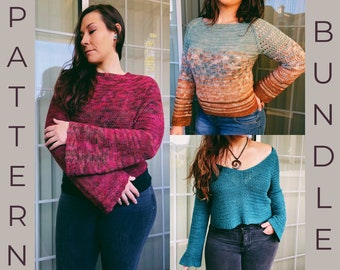 Crochet Sweater Pattern Bundle, seamless pullover crochet pattern, top down in the round, circle yoke, raglan sweater, pattern pdf