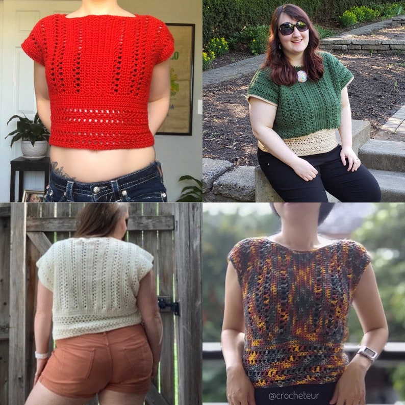 May include: Four different crochet tops in various colors and patterns. The tops are sleeveless and have a loose fit. The tops are made with a variety of stitches and textures.