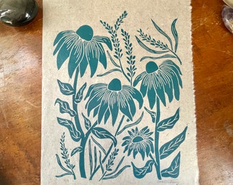 Lea | Original Linocut Print | Floral Wall Art | Hand Printed | In Dark Teal |