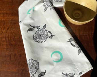 Evening Primrose and Moon | Tea Towel | Block Printed | Organic Cotton | Kitchen Towel