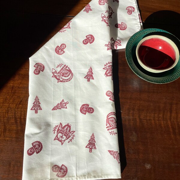 Woodland Folk | Holiday | Tea Towel | Hand Printed | Block Print | Organic Cotton | Kitchen Towel | Burgundy Imprint