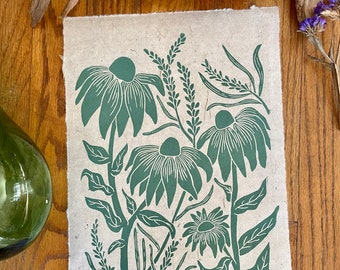 Lea | Original Linocut Print | Floral Wall Art | Hand Printed | In Sage Green |