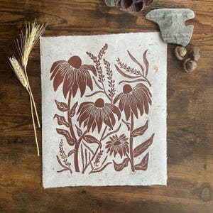Lea | Original Linocut Print | Floral Wall Art | Hand Printed | In Chocolate Brown |