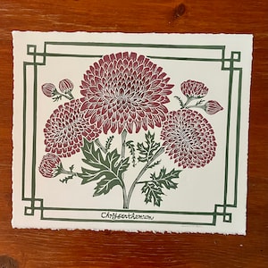 Chrysanthemum Original Linocut Print. Floral Block Printed Wall Art.