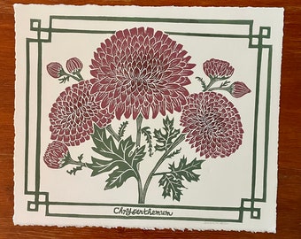 Chrysanthemum Original Linocut Print. Floral Block Printed Wall Art.