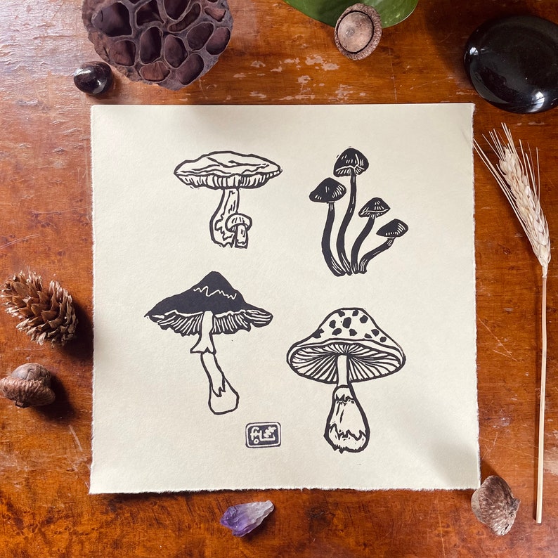 Small Mushroom Study Original Block Print Linocut Hand Printed Fungus/Mushroom Nature Themed Wall Art image 1