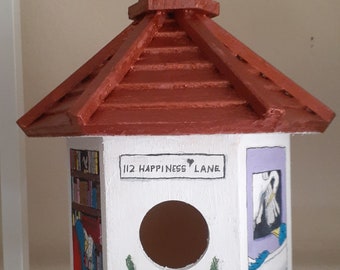 Bluebirds of Happiness Lane hand painted and designed birdhouse for that contemporary avian lover and collector.