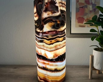 Hand Carved Onyx Table Lamp | Natural Stone Accent Light, Multicolor Veins