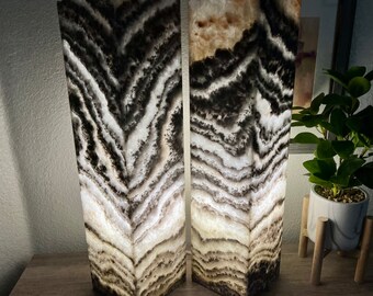 2 Onyx Stone Table Lamps: Black White Veined Translucent Home Decor