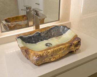 Stone Vessel Sink | Onyx Sink | Hand Carved Luxury Bathroom Sink | Unique Countertop Basin | Modern Rustic Vanity Sink | Onyx Vessel Sink