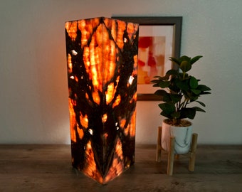 May include: A rectangular, orange and black onyx lamp with a warm glow. The lamp is on a wooden surface and there is a small potted plant in the background.