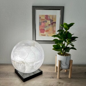 May include: A white globe lamp with a black base sits on a wooden table next to a potted plant on a wooden stand. The plant has green leaves and is in a white marble pot.