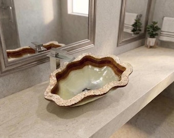 Luxury Onyx Vessel Sink | Hand Carved Natural Stone Bathroom Sink | Modern Spa Vanity Sink | Unique Live Edge Onyx Basin | Countertop Sink
