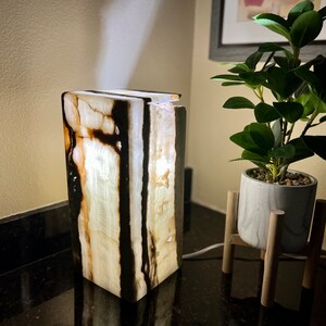 May include: A white and black onyx table lamp with a rectangular base. The lamp is lit and casting a warm glow.