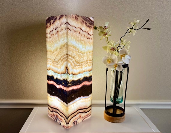 Natural Onyx Stone Lamp | Rectangular Table Lamp | Multicolor Glow | Home Decor | Crystal Lamp | Accent Light for bedroom, living room, gift