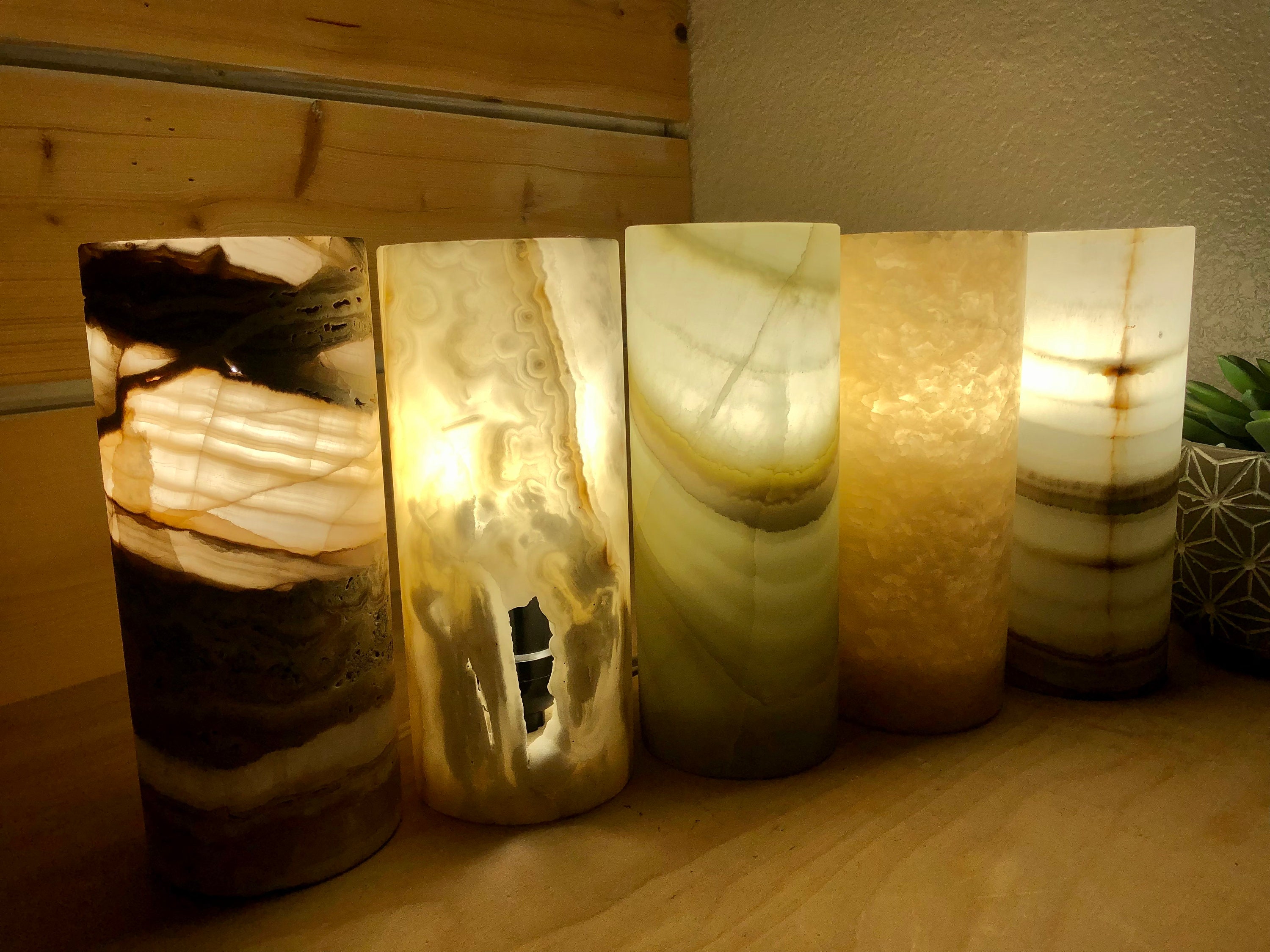 5 Small Cylinders Onyx Lamps Alabaster Onyx Stone Table Lamps