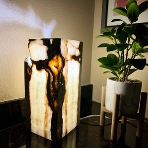May include: A white and black onyx lamp with a natural, organic shape. The lamp is lit and casting a warm glow.