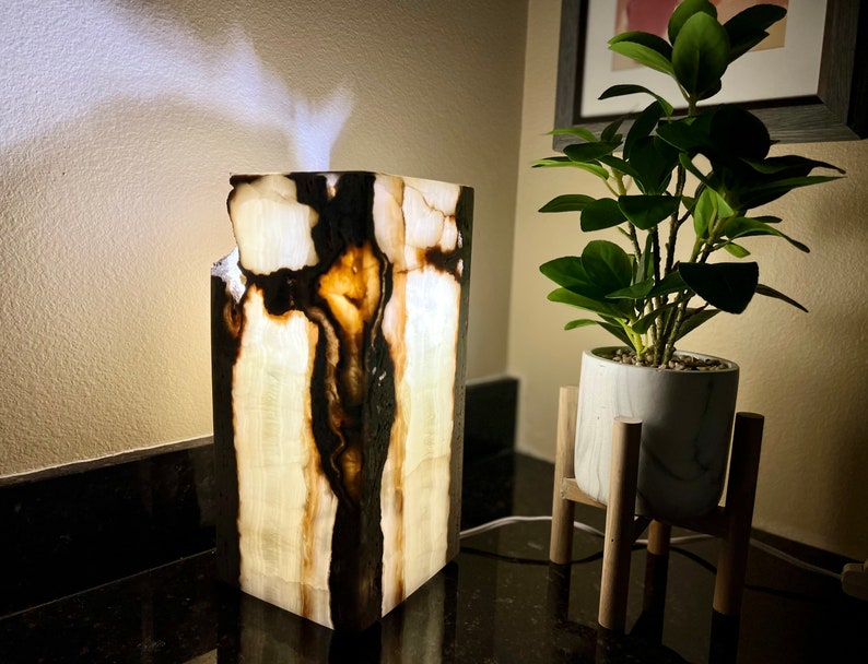 May include: A white and black onyx lamp with a natural, organic shape. The lamp is lit and casting a warm glow.
