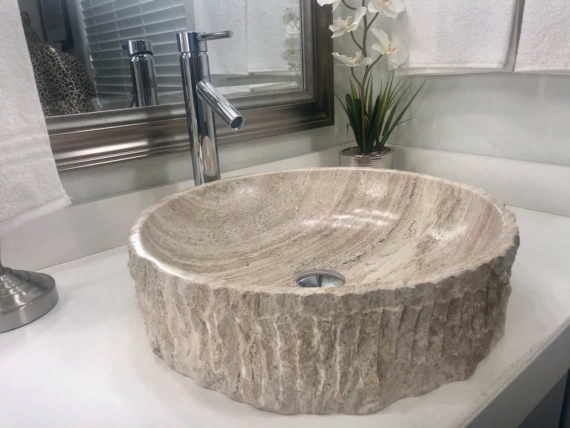 Moderno baño de piedra natural lavabo redondo rústico beige | Etsy