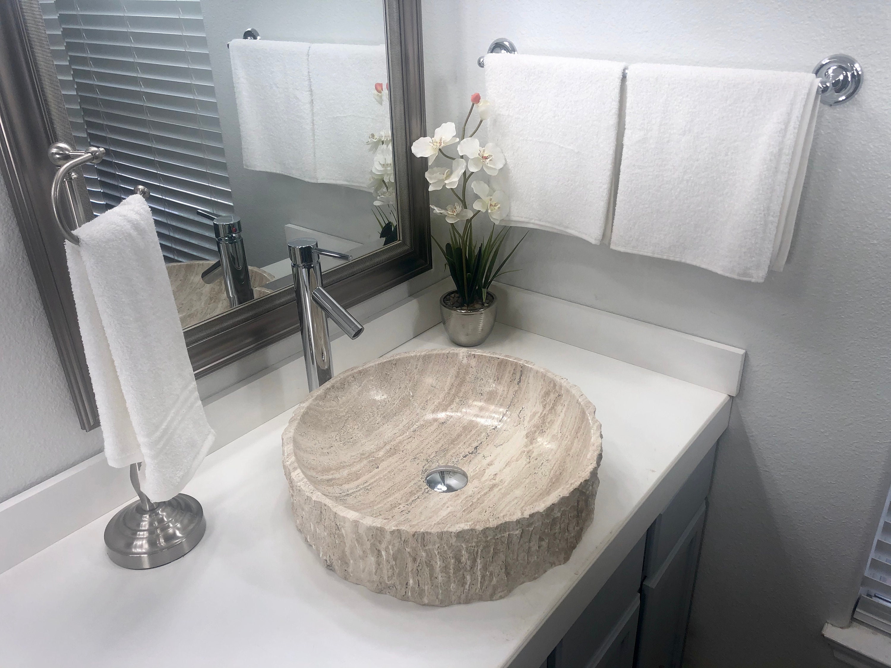 Moderno baño de piedra natural lavabo redondo rústico beige | Etsy