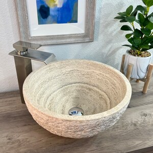 Travertine Stone Sink | Modern Natural Stone Bathroom Vessel Sink | Bathroom Sink | Vanity Sink | Countertop Sink | Chiseled Exterior