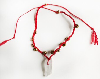Clear Quartz Crystal Red Silk Braided Cord Bracelet, Red String of Fate, Wish, Protection, Intuition, Spiritual Tool, Meditation Mala, Reiki