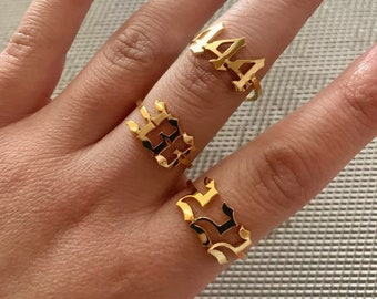 Angel Number Ring, Lucky Number Ring, 18K Gold Old English Numbers Rings, Dainty Adjustable Ring, 666 777 888 999 Devil Angel Number Bands