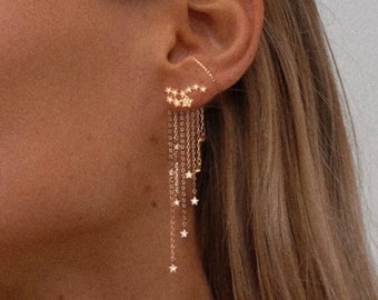 Gift idea for her Statement jewellery Gold or Silver Tassel dangle earrings with Moon and Star Charm